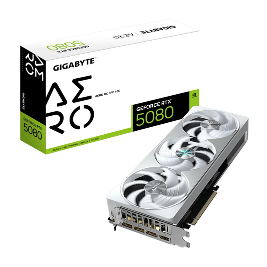 GIGABYTE GeForce RTX 5080 AERO OC SFF 16G Graphic Card, DLSS 4, 256 Bit, GDDR7, Dual Bios, PCie 5.0, White, Nvidia GPU.